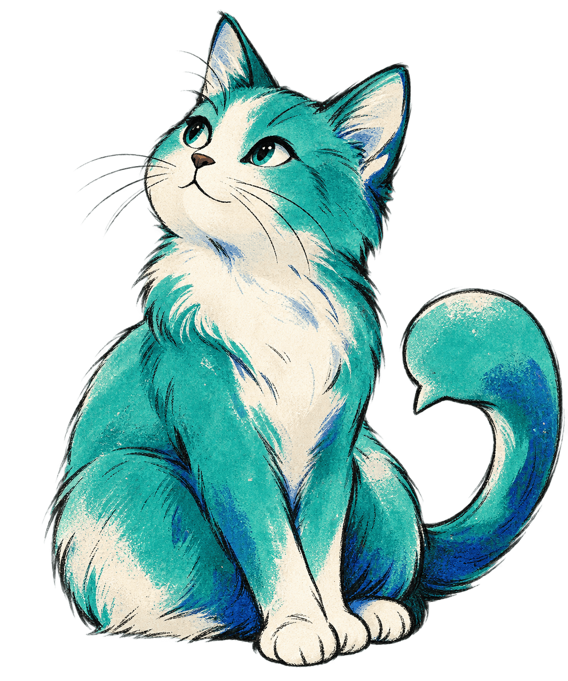 Hand-drawn incdai cat assistant looking toward the INCPRITECH ecosystem